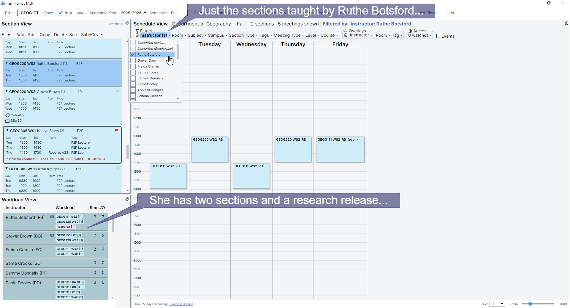 Filtering by instructor Ruthe Botsford, showing her two sections and a research release